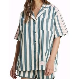 Adidas Resort  Women'sCotton Button-Up Short Sleeve Shirt White/Teal Size XS NWT